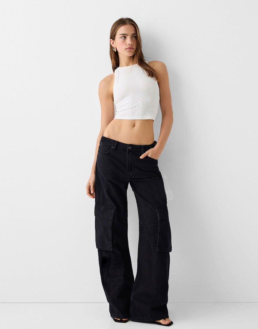 IMSONS Black Cargo High-Waist Wide-Leg Jeans. - THE IMSONS