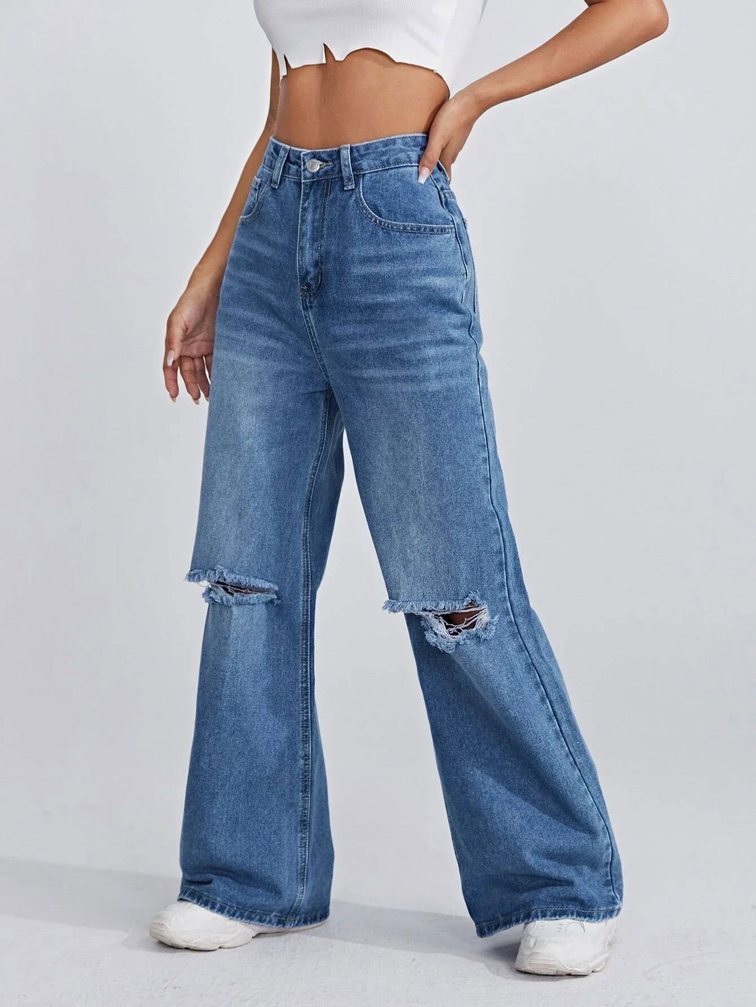 IMSONS Medium Blue Knee Ripped Wide-Leg High-Waist Jeans - THE IMSONS