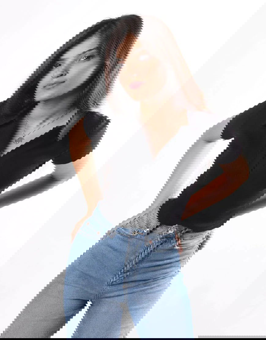 IMSONS Women Black Ribbed Collared Top - THE IMSONS