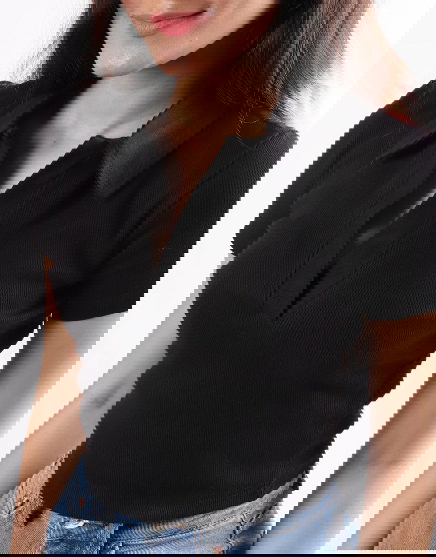 IMSONS Women Black Ribbed Collared Top - THE IMSONS