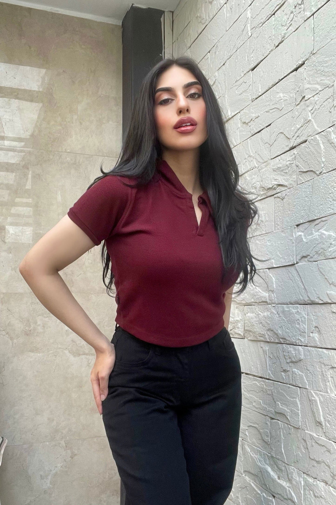 IMSONS Women Burgundy Ribbed Collared Top - THE IMSONS