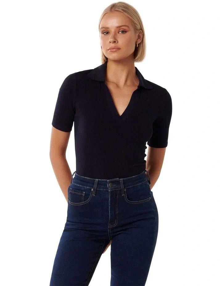 IMSONS Women Navy Ribbed Collared Top - THE IMSONS