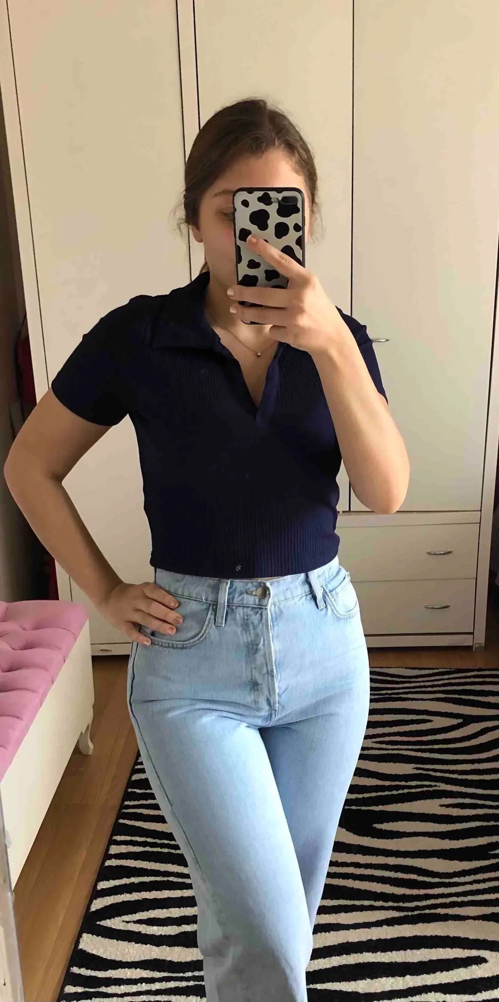 IMSONS Women Navy Ribbed Collared Top - THE IMSONS