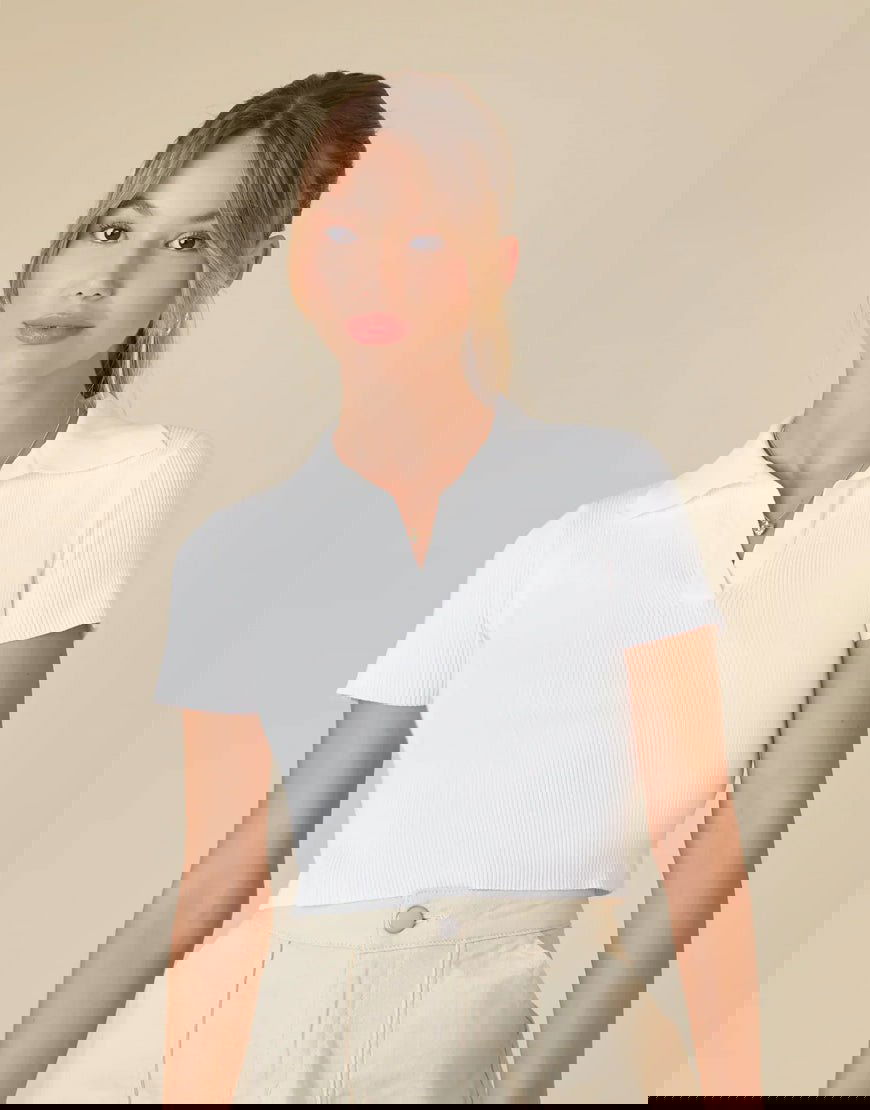 IMSONS Women Off-White Ribbed Collared Top - THE IMSONS