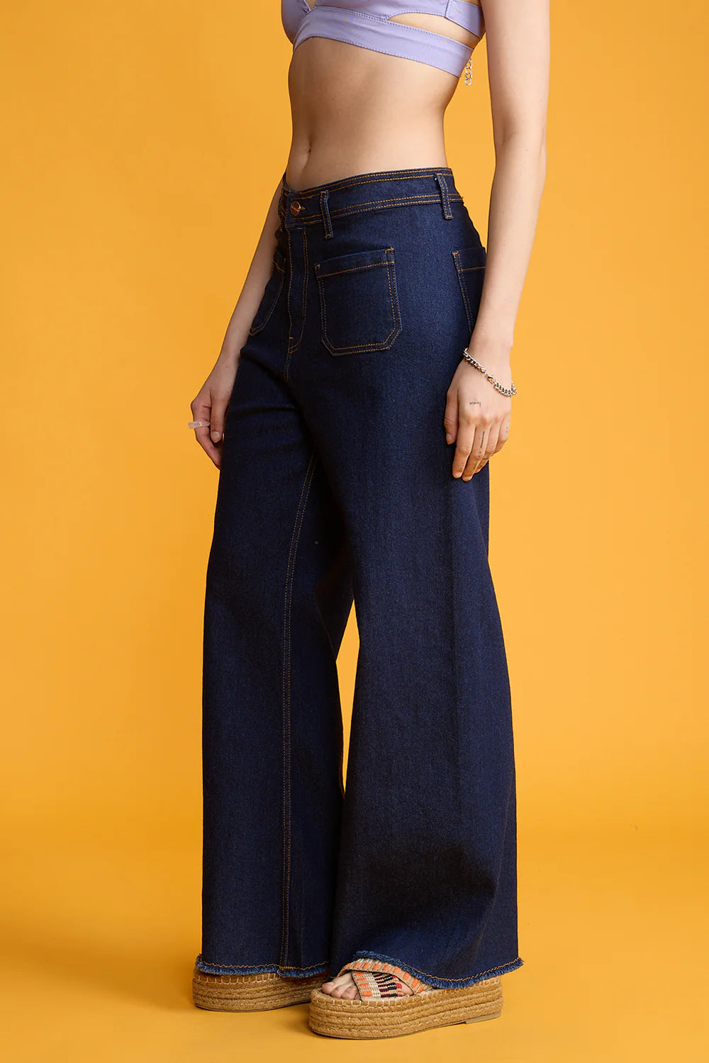 IMSONS Dark Blue Utility Pocket Wide-Leg Frayed Hem Jeans.