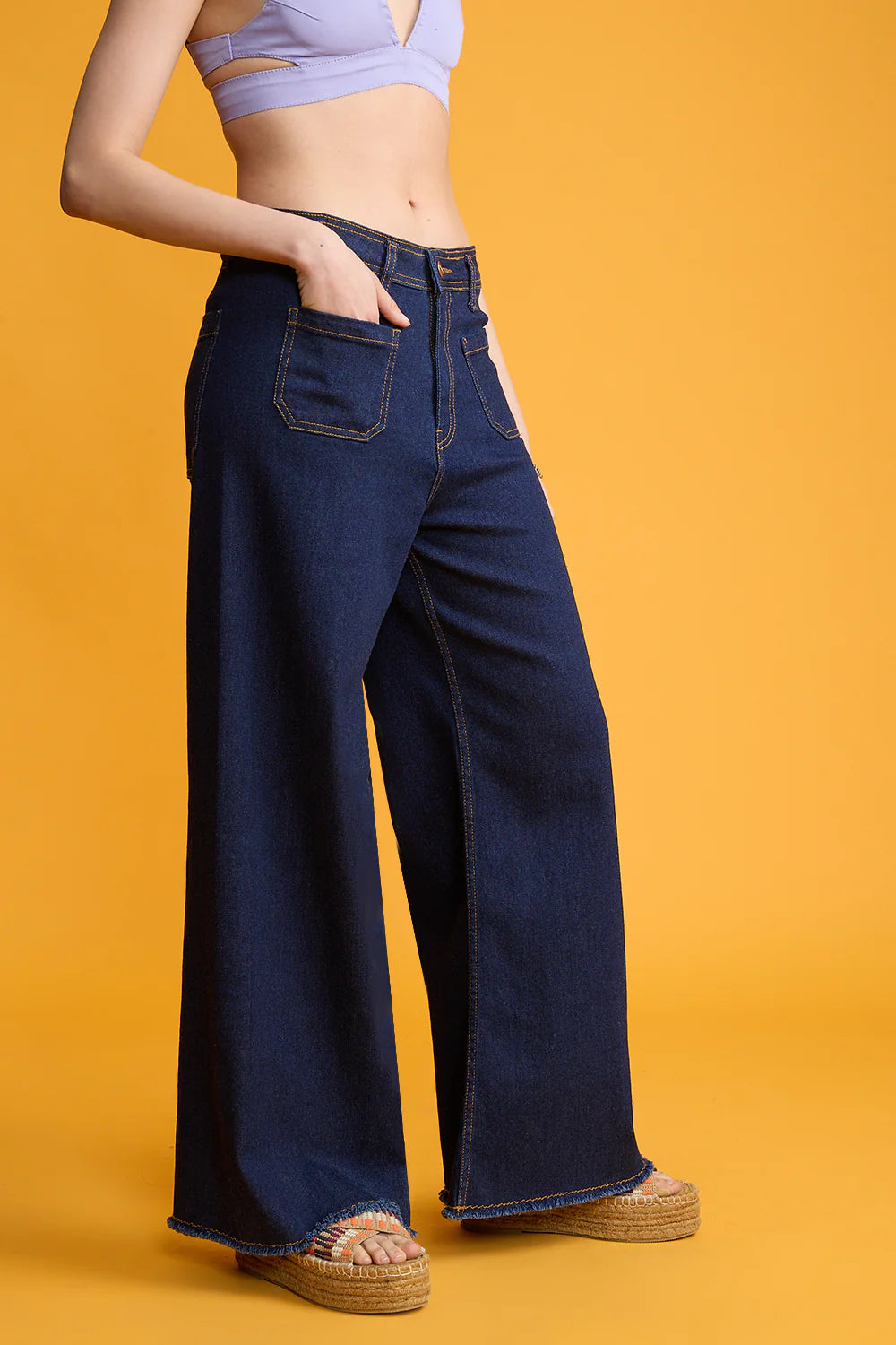 IMSONS Dark Blue Utility Pocket Wide-Leg Frayed Hem Jeans.