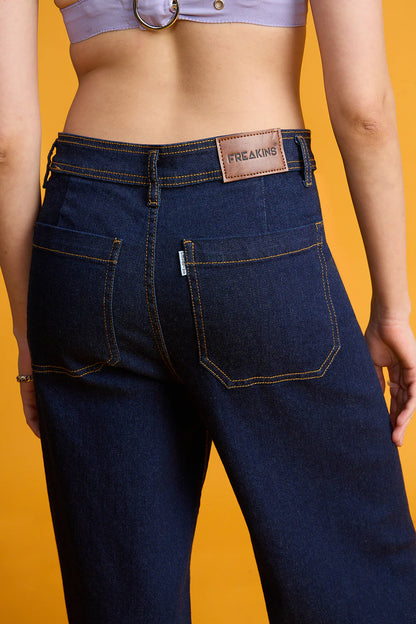 IMSONS Dark Blue Utility Pocket Wide-Leg Frayed Hem Jeans.