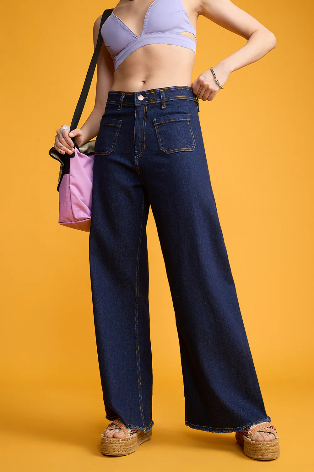 IMSONS Dark Blue Utility Pocket Wide-Leg Frayed Hem Jeans.