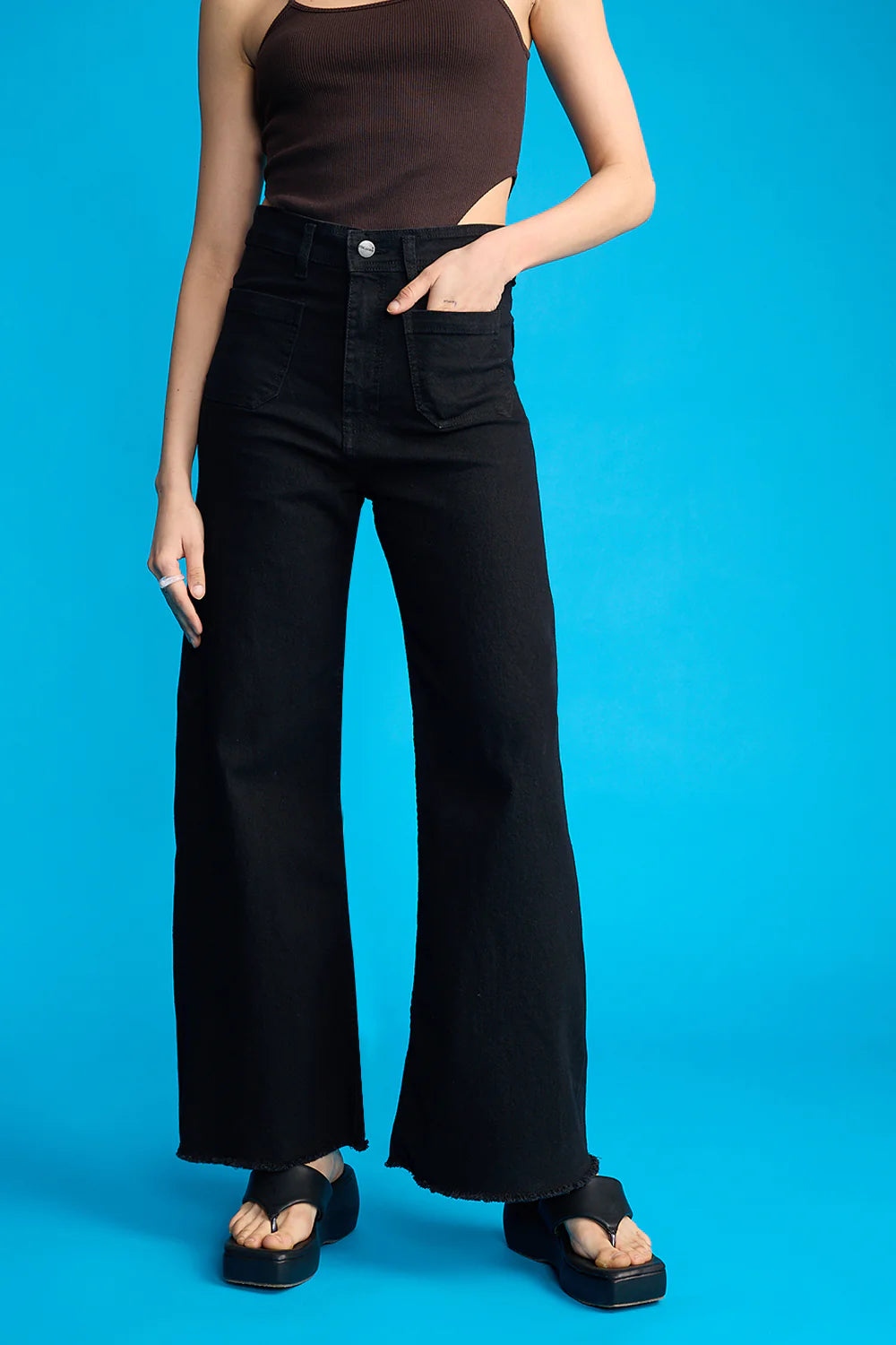 IMSONS Black Utility Pocket Wide-Leg Frayed Hem Jeans.