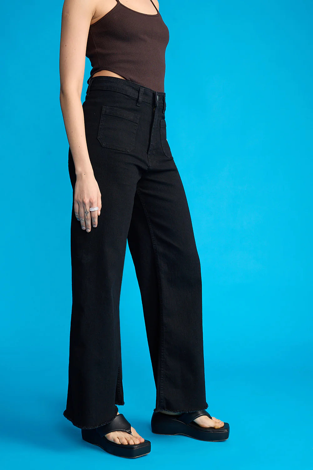 IMSONS Black Utility Pocket Wide-Leg Frayed Hem Jeans.