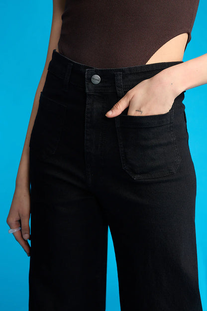 IMSONS Black Utility Pocket Wide-Leg Frayed Hem Jeans.