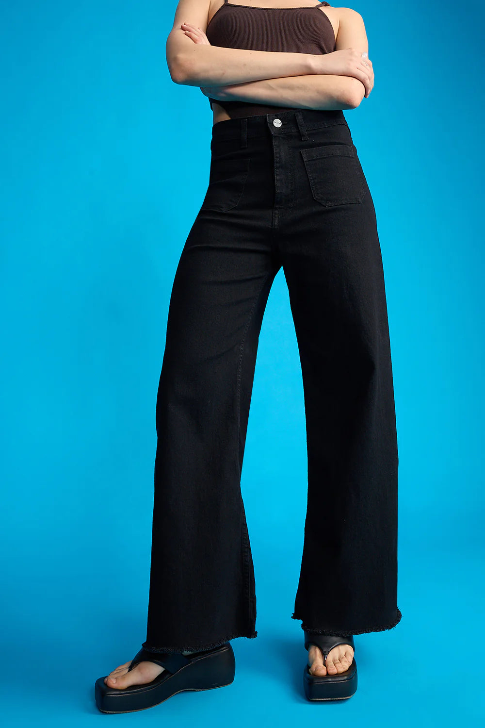 IMSONS Black Utility Pocket Wide-Leg Frayed Hem Jeans.