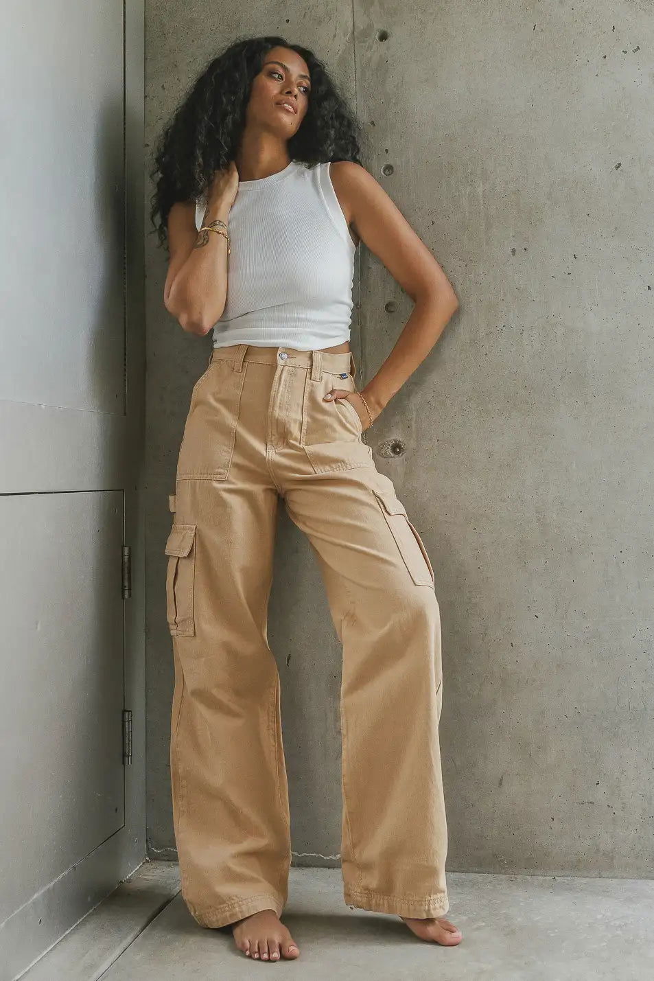 IMSONS Beige Cargo Wide-Leg Twill Pant - THE IMSONS