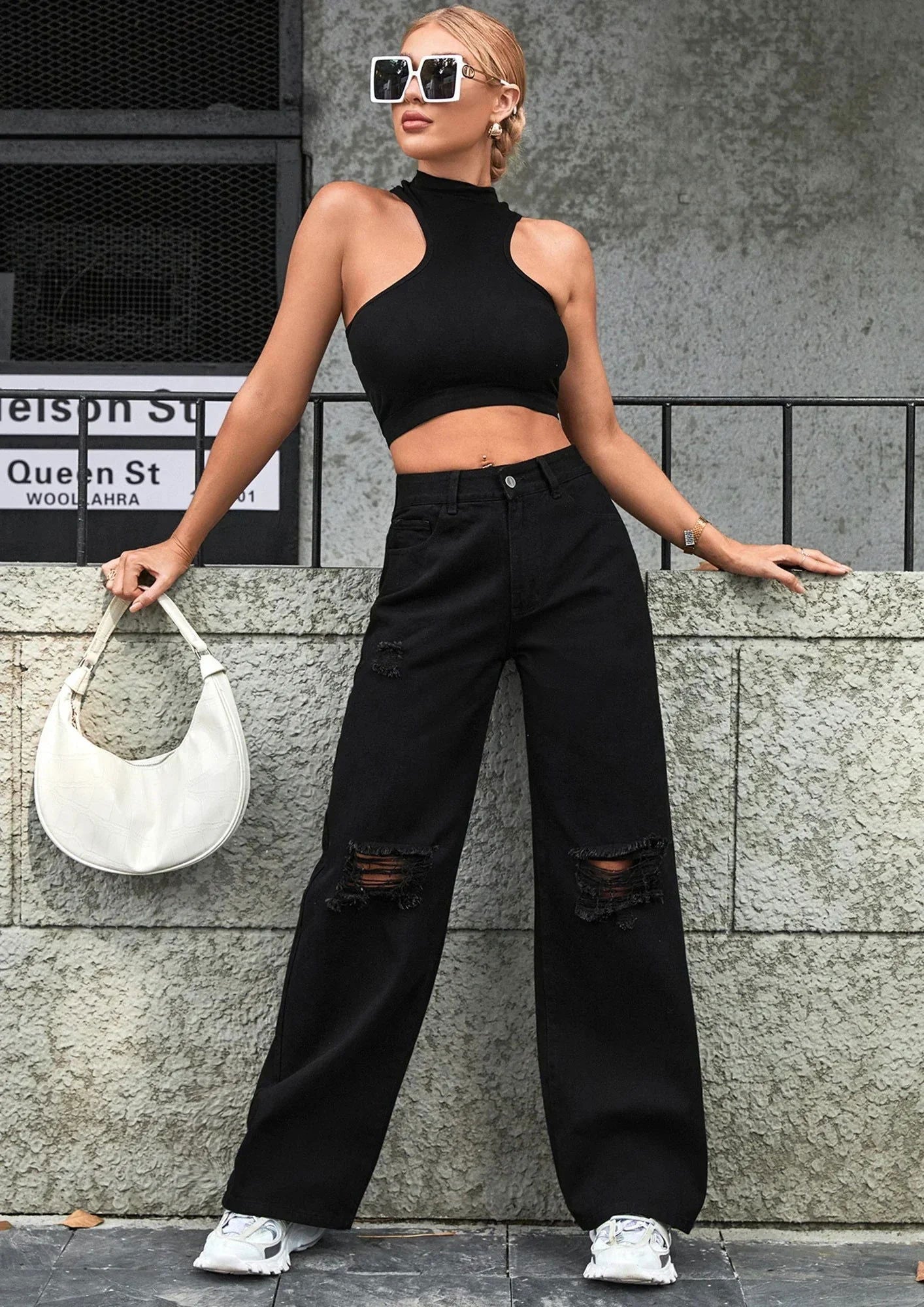 IMSONS Black Knee Ripped High-Waist Wide-Leg Jeans - THE IMSONS