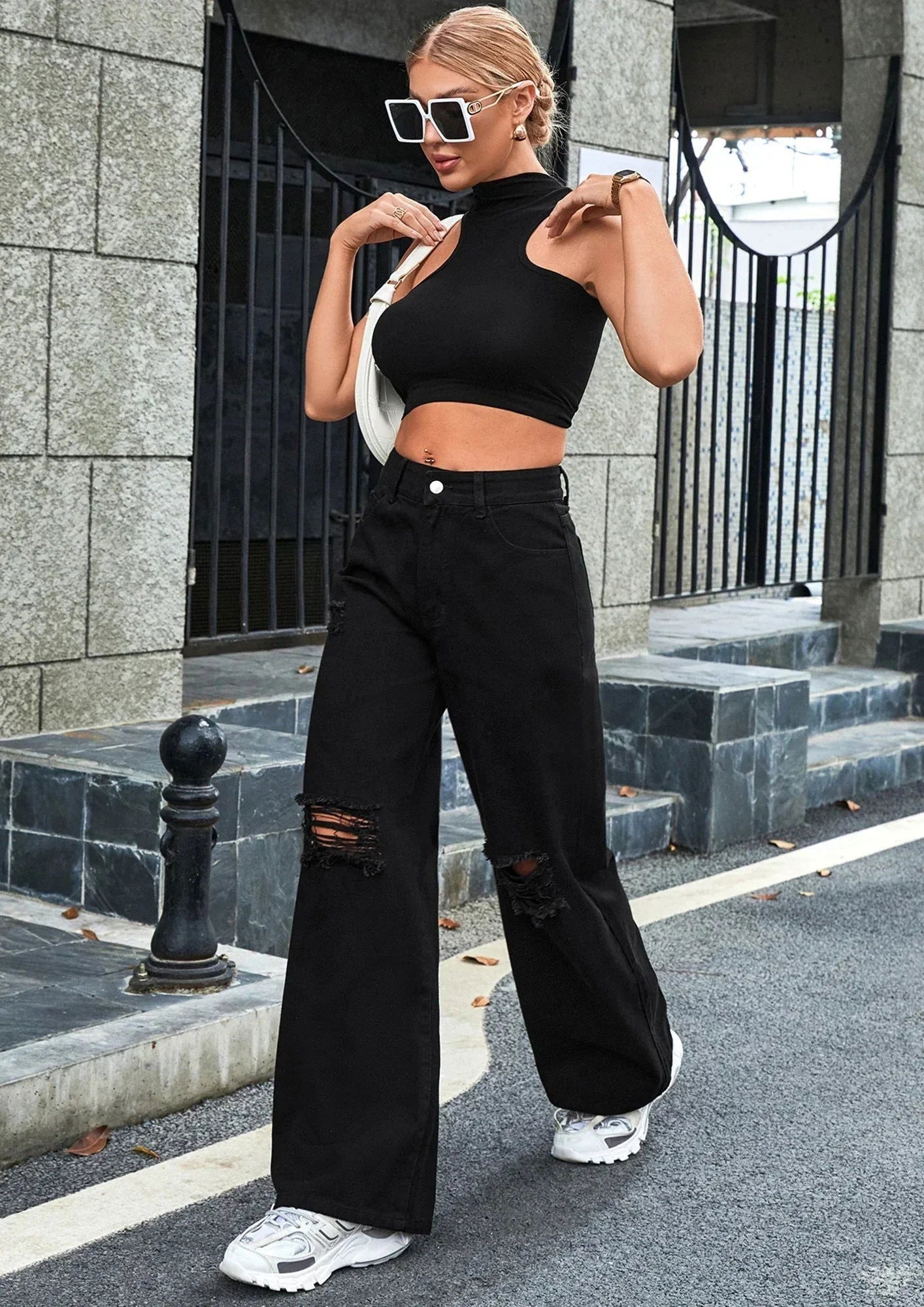 IMSONS Black Knee Ripped High-Waist Wide-Leg Jeans - THE IMSONS