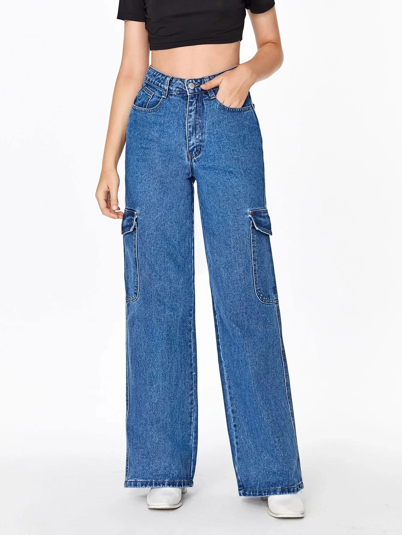 IMSONS Dark Blue Cargo High-Waist Wide-Leg Jeans - THE IMSONS