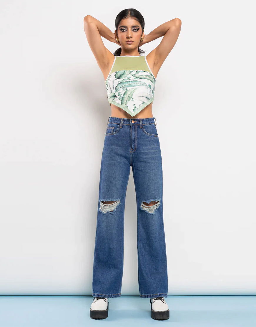 IMSONS Dark Blue Knee Ripped Wide-Leg High-Waist Jeans - THE IMSONS