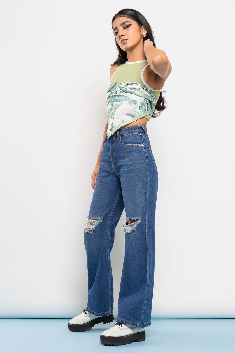 IMSONS Dark Blue Knee Ripped Wide-Leg High-Waist Jeans - THE IMSONS