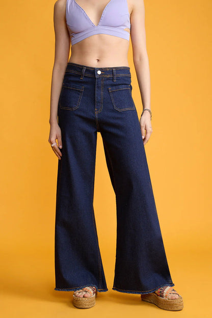 IMSONS Dark Blue Utility Pocket Wide-Leg Frayed Hem Jeans. - THE IMSONS