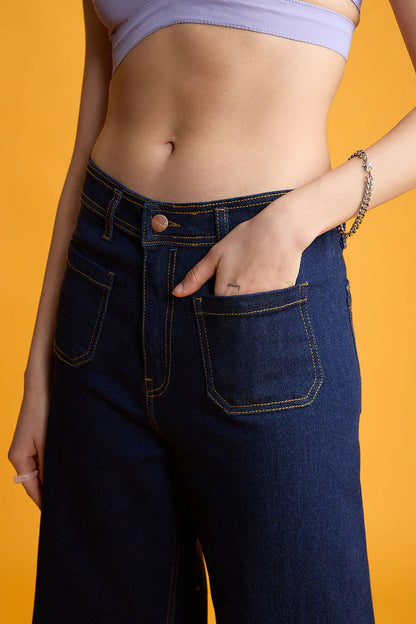 IMSONS Dark Blue Utility Pocket Wide-Leg Frayed Hem Jeans. - THE IMSONS