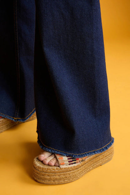 IMSONS Dark Blue Utility Pocket Wide-Leg Frayed Hem Jeans. - THE IMSONS