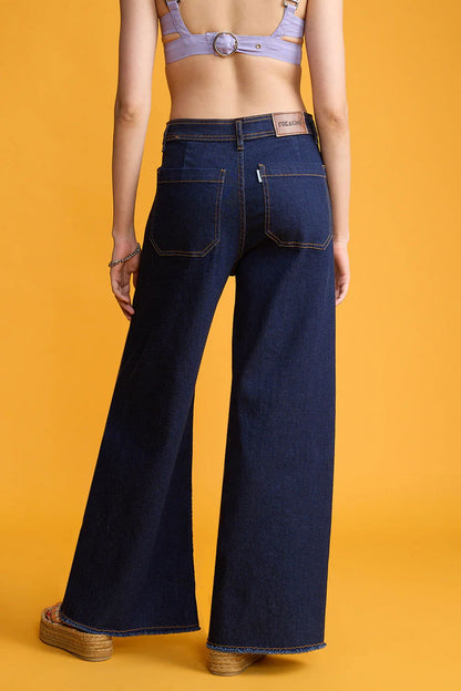 IMSONS Dark Blue Utility Pocket Wide-Leg Frayed Hem Jeans. - THE IMSONS