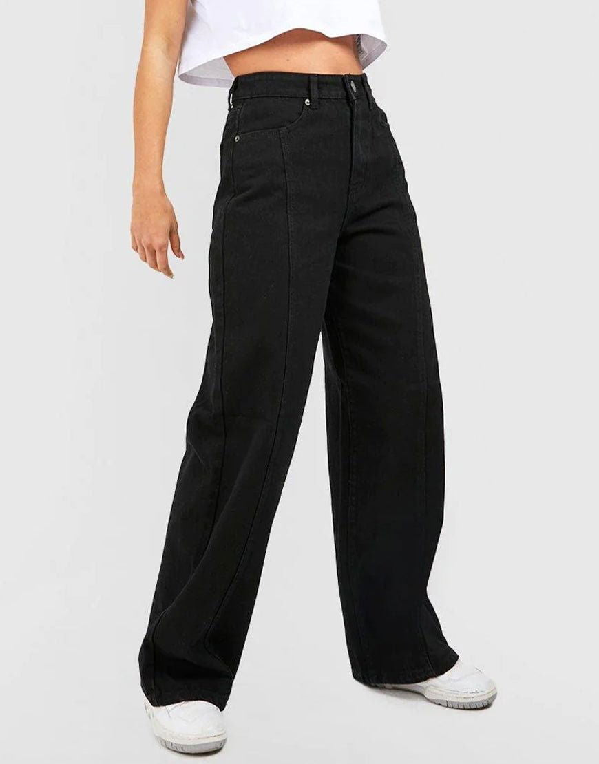 IMSONS Front Seam Pure Black Loose Straight High-Waist Jeans. - THE IMSONS