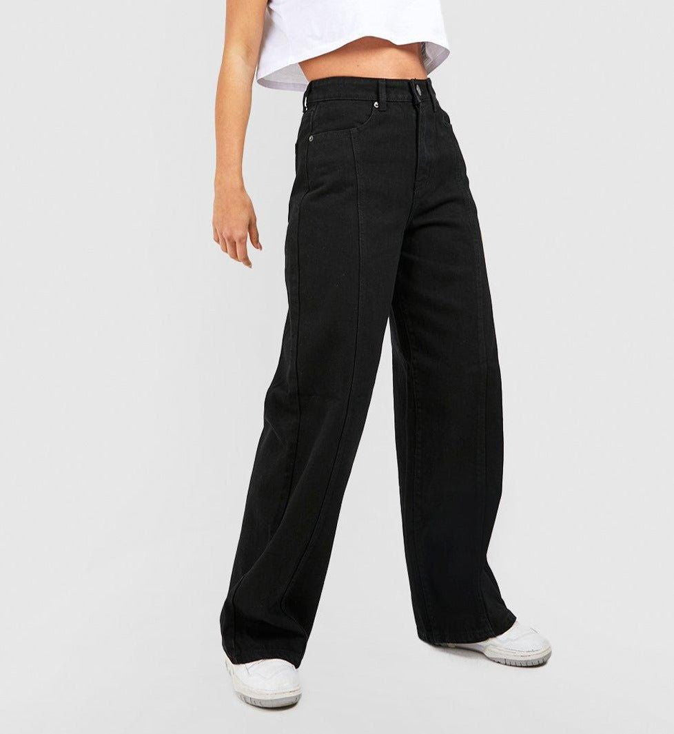 IMSONS Front Seam Pure Black Loose Straight High-Waist Jeans. - THE IMSONS