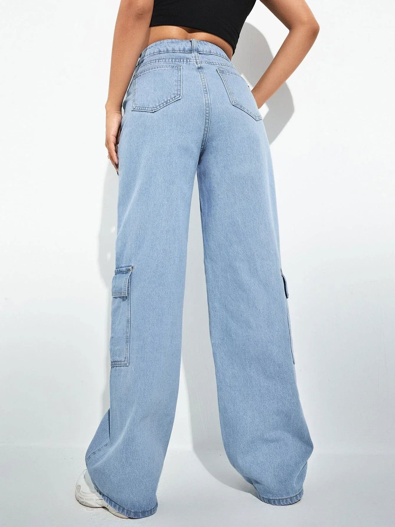 IMSONS Light Blue High Waisted Loose Cargo Jeans. - THE IMSONS