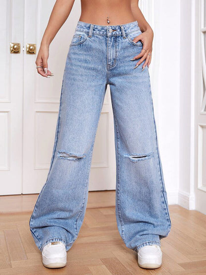 IMSONS Light Blue Knee Ripped Wide-Leg High-Waist Jeans - THE IMSONS