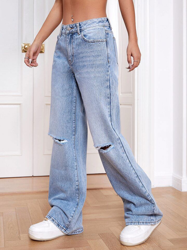 IMSONS Light Blue Knee Ripped Wide-Leg High-Waist Jeans - THE IMSONS