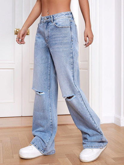 IMSONS Light Blue Knee Ripped Wide-Leg High-Waist Jeans - THE IMSONS