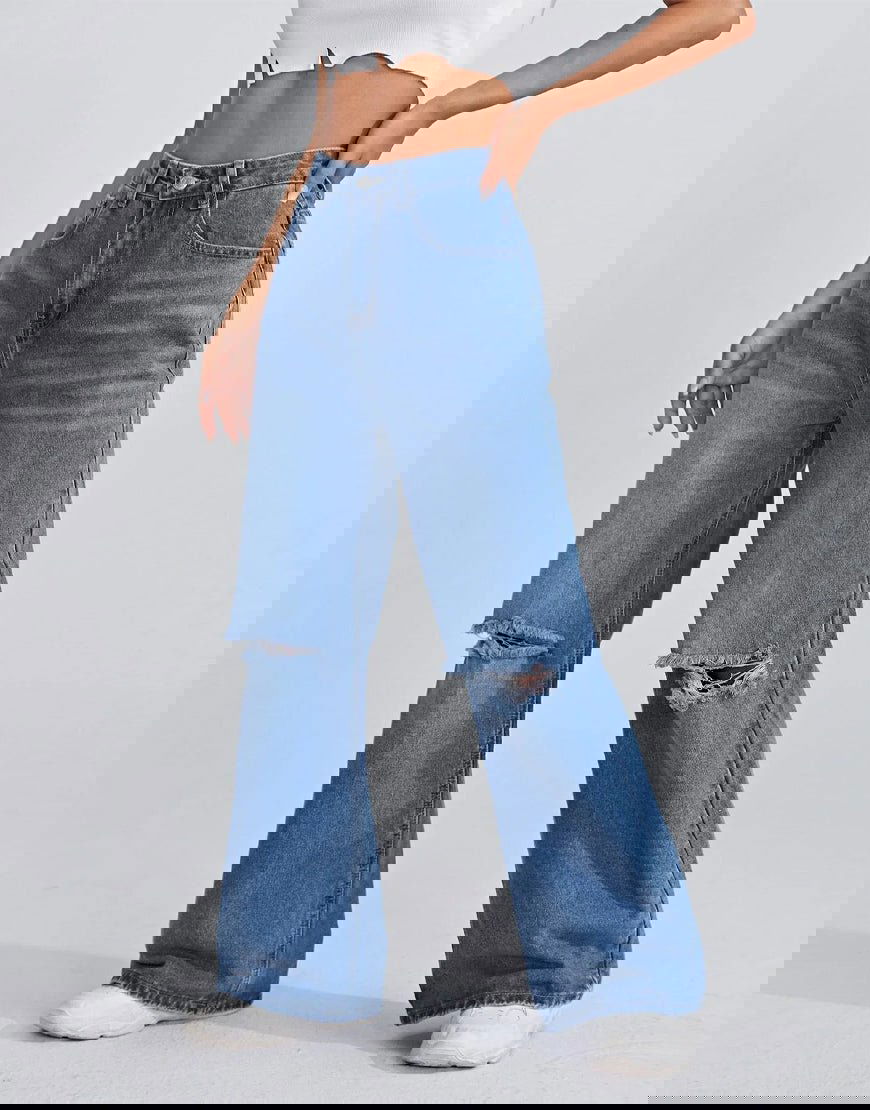 IMSONS Medium Blue Knee Ripped Wide-Leg High-Waist Jeans - THE IMSONS