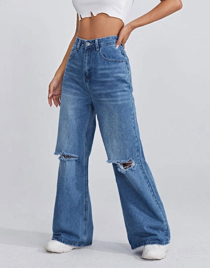 IMSONS Medium Blue Knee Ripped Wide-Leg High-Waist Jeans - THE IMSONS