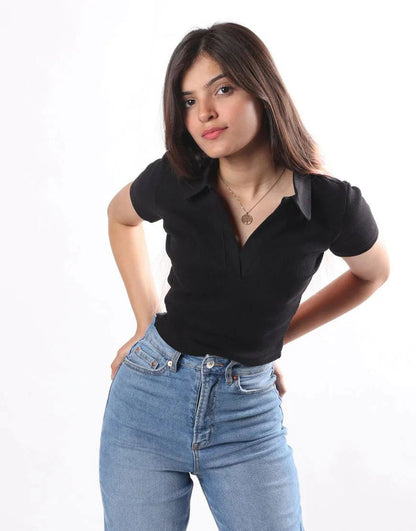 IMSONS Women Black Ribbed Collared Top - THE IMSONS