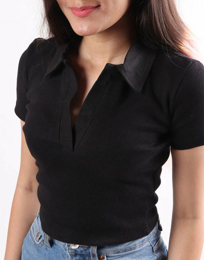 IMSONS Women Black Ribbed Collared Top - THE IMSONS