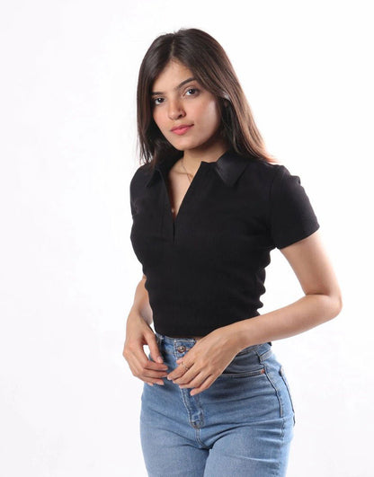 IMSONS Women Black Ribbed Collared Top - THE IMSONS