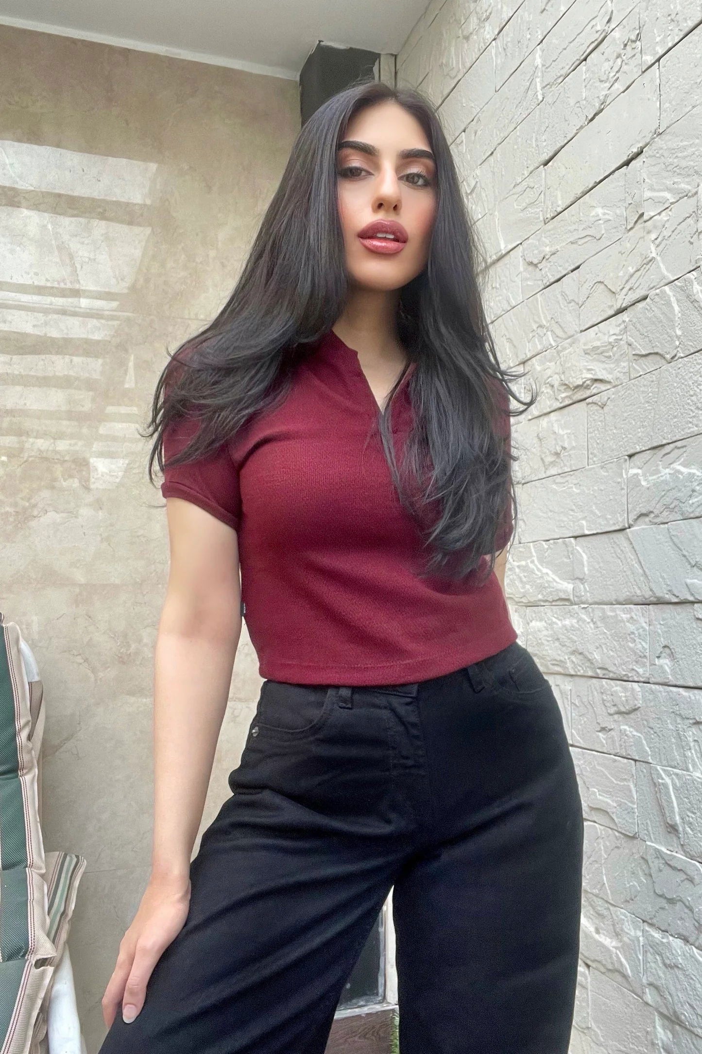 IMSONS Women Burgundy Ribbed Collared Top - THE IMSONS