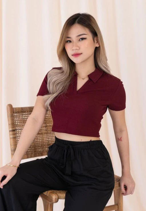 IMSONS Women Burgundy Ribbed Collared Top - THE IMSONS