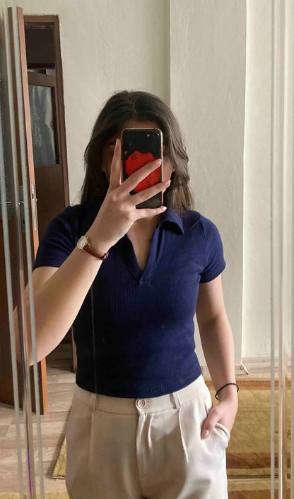 IMSONS Women Navy Ribbed Collared Top - THE IMSONS