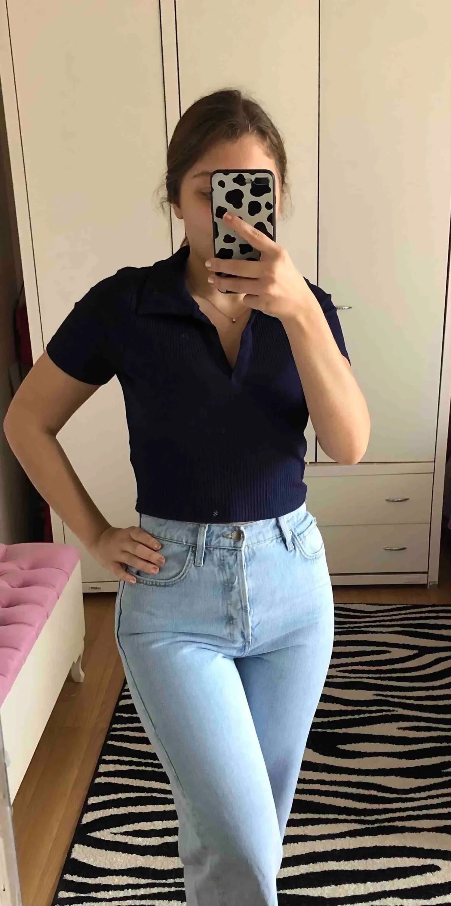 IMSONS Women Navy Ribbed Collared Top - THE IMSONS
