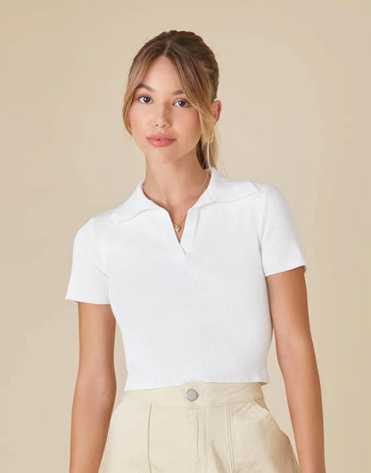 IMSONS Women Off-White Ribbed Collared Top - THE IMSONS