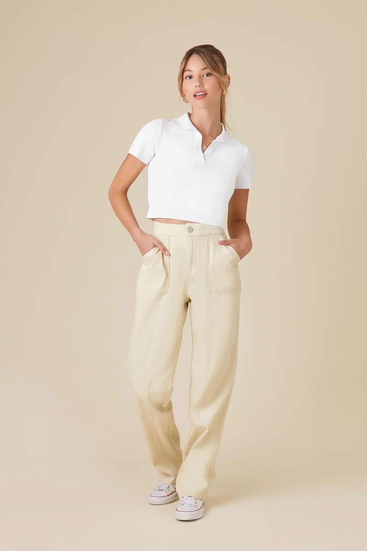 IMSONS Women Off-White Ribbed Collared Top - THE IMSONS
